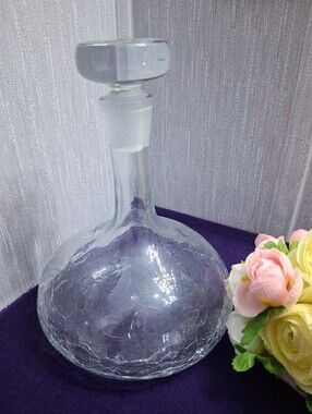 Vintage Blenko Clear Crackle Glass Decanter Wine Flat Top Stopper MCM